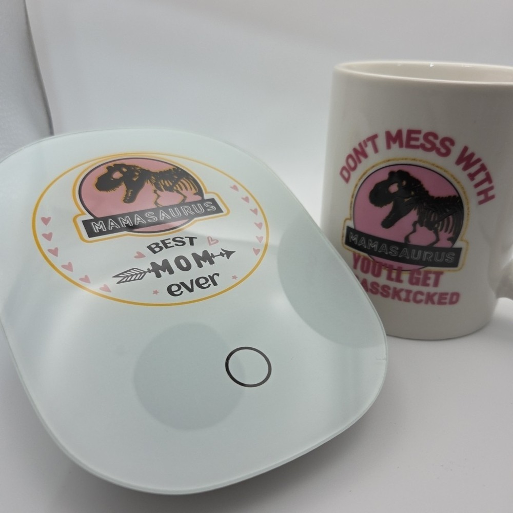 Mamasaurus Best Mom Ever Coffee Mug Electric Warmer Set Jurassic Park Style Pink